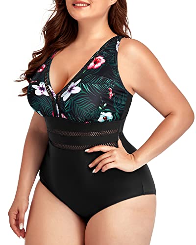 Adjustable Strap Plus Size V Neck One Piece Bathing Suit-Black Floral