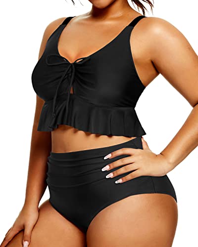 Plus Size Tummy Control High Waisted Ruched Bikini-Black