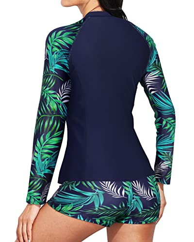 Two Piece Women's Long Sleeve Zipper Swimsuit Rash Guard Top And Boy Shorts-Navy Blue Leaf