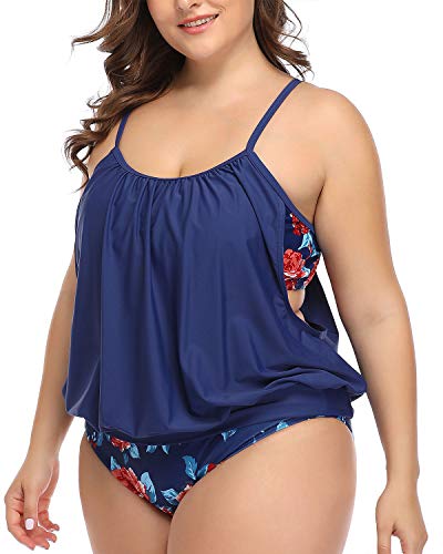 Flirty Plus Size Tankini Swimsuits Shorts For Women-Blue Floral