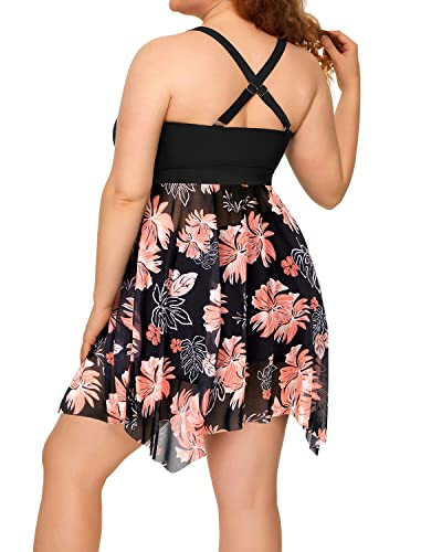 Criss-Cross Back Mesh Two Piece Swim Dress For Women-Black Floral