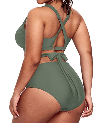 Full Coverage Ruched Plus Size Bikini Swimsuit-Olive Green