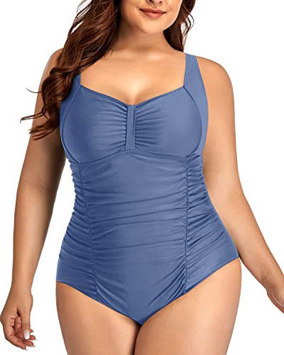 Comfortable Wide Strap Push Up Plus Size Swimsuit-Blue