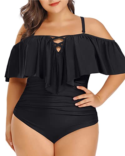 Chic Lace Up Ruffled Plus Size One Piece Swimsuits For Curvy Women-Black