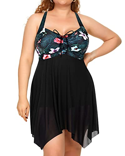 Irregular Hem Mesh Swim Dress Boyshorts Long Torso Swimsuits-Black Floral