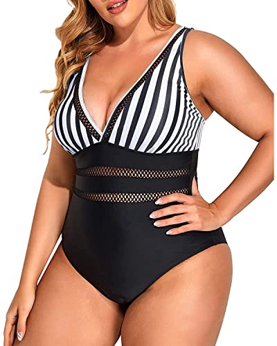 Comfortable Removable Padded Slimming One Piece Swimsuits-Black And White Stripe