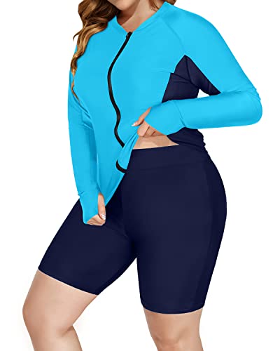 Plus Size Long Sleeve Rash Guard Zipper Front For Women-Aqua