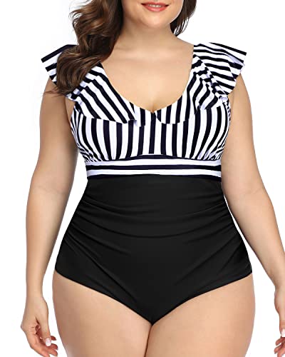 Tummy Control Ruffled Plus Size Bathing Suit-Black And White Stripe