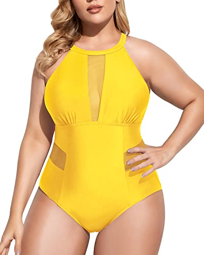 Stylish Tummy Control Monokini Plus Size Swimwear-Neon Yellow