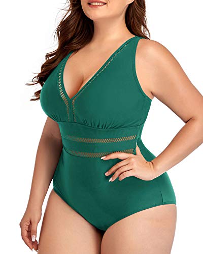 Comfortable And Attractive Plus Size V Neck Bathing Suit-Emerald Green