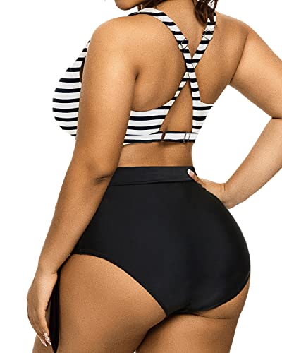 Two Piece Slimming Ruched Bikini Plus Size Tie Knot Swimsuit-Black And White Stripe