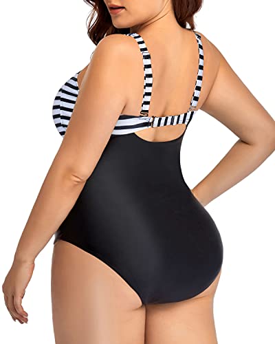 Adjustable Strap Tummy Control One Piece Swimsuit For Women-Black And White Stripe