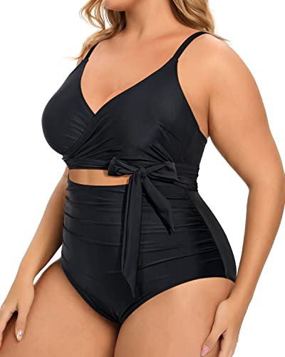 Adjustable Spaghetti Straps Backless Plus Size One Piece Swimsuits-Black