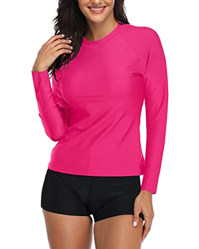 Long Sleeve Women's Rash Guard Boyshort Swimsuit Set-Neon Pink And Black