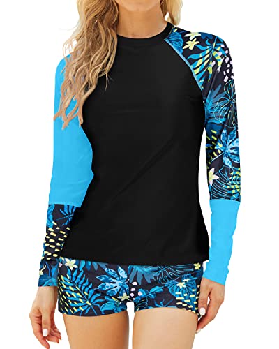 Built-In Bra Swim Shirt Long Sleeve Swimming Suits Women-Green Leaf