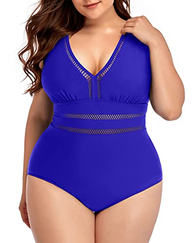 Elegant Padded Push Up One Piece Plus Size Bathing Suit-Royal Blue