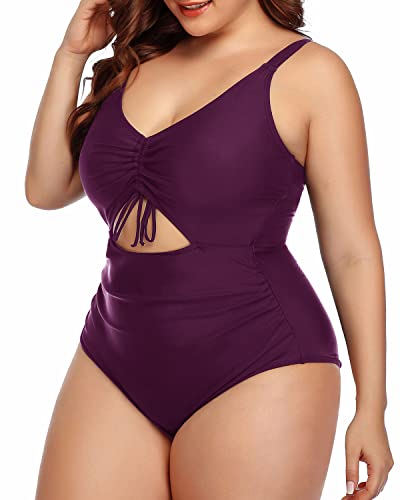 Plus Size High Waisted V Neck Monokini For Curvy Women-Maroon