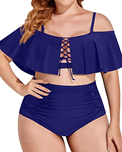 Two Piece Flirty Flounce Off Shoulder Plus Size Bikini Set-Navy Blue