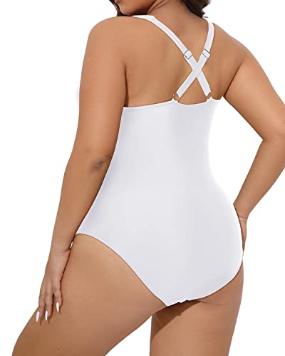 Sexy Plunge Neckline Plus Size One Piece Swimsuits For Women-White