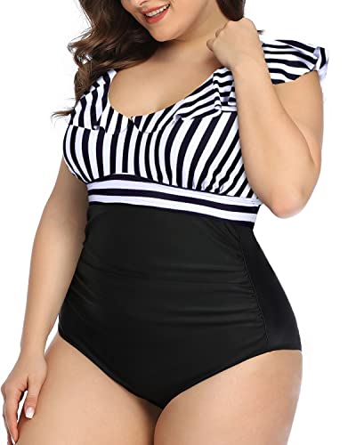 Tummy Control Ruffled Plus Size Bathing Suit-Black And White Stripe