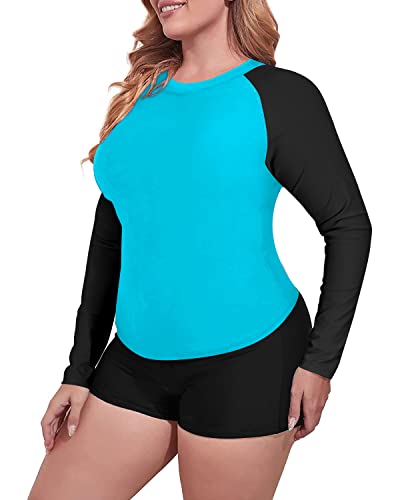 Women's Plus Size Long Sleeve Rash Guard Swimsuit Boy Short-Aqua