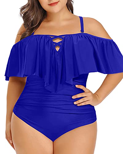 Adjustable Strap Plus Size Ruffled Swimsuit-Royal Blue