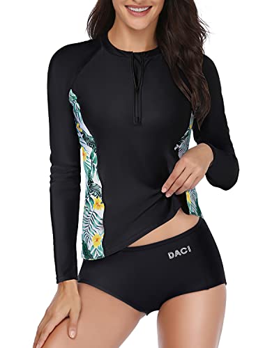 Modest Padded Two Piece Rash Guard Bathing Suit For Women-Black Leaf