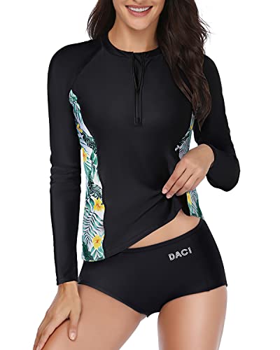 Modest Padded Two Piece Rash Guard Bathing Suit For Women-Black Leaf – Daci