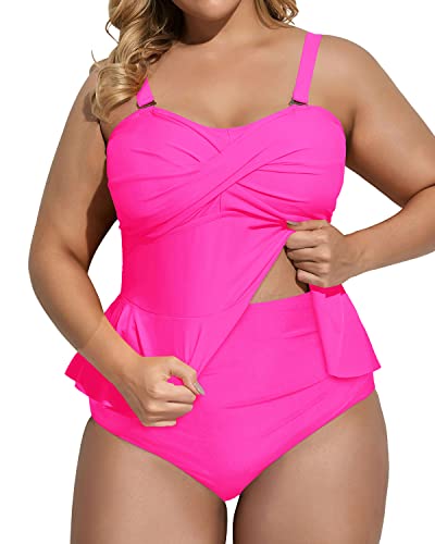 Retro Style Peplum Tankini High Waisted Tummy Control Bottom Plus Size Swimsuit-Neon Pink