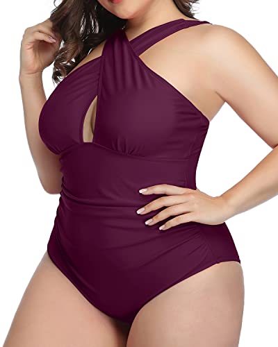 Plus Size Front Cross Tummy Control One Piece Swimsuits-Maroon