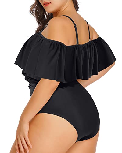 Chic Lace Up Ruffled Plus Size One Piece Swimsuits For Curvy Women-Black