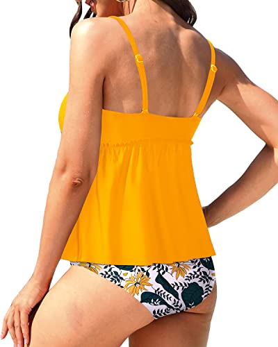 Women High Waisted Two Piece Tankini Peplum Swimsuits Shorts-Yellow Floral