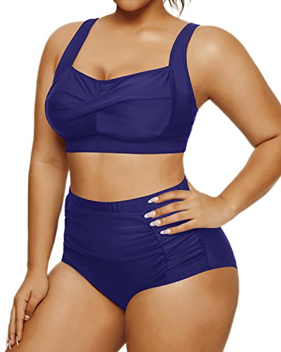 Padded Push Up Two Piece Swimsuit Open Back Retro Bikini-Navy Blue