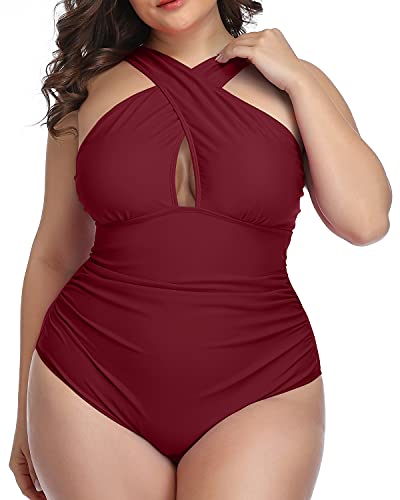 Slimming Backless Plus Size One Piece Swimsuits For Women-Maroon