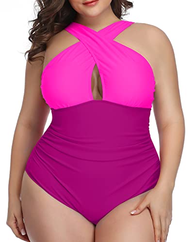 Vintage Front Cross Keyhole Swimsuits For Women-Phosphor And Dark Pink