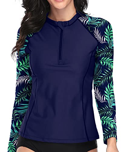 Half Zip Front Crew Neck Long Sleeve Rashguard Sun Protection Swim Top-Blue Green Leaves