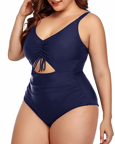 High-Waisted Tummy Control Monokini Swimsuits For Plus Size Women-Navy Blue