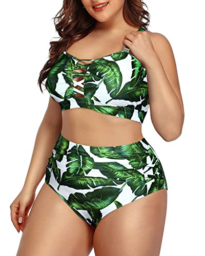 Hollow Out Design Ruched Tummy Control Bikini For Plus Size Women-Green Leaf