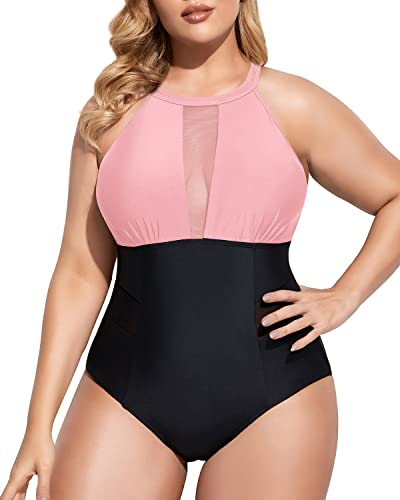 Plus Size Mesh Plunge Swimsuit Tummy Control-Pink And Black