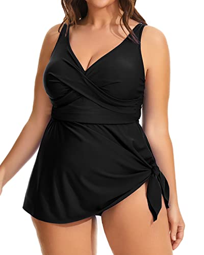 Elegant Plus Size Twist Front Swim Dress For Women-Black