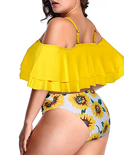 Tummy Control High Waist Off Shoulder Plus Size Two Piece Bikini-Yellow And Sunflower