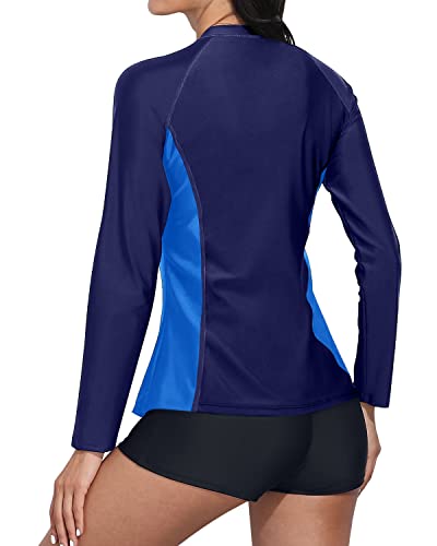 Women's Zipper Front Long Sleeve Rash Guard Boy Shorts-Blue