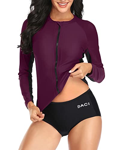 Two Piece Rash Guard Set Full Zipper And Shorts For Women-Purple