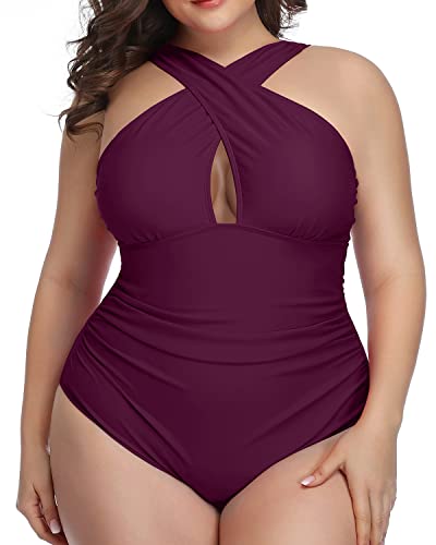 Plus Size Front Cross Tummy Control One Piece Swimsuits-Maroon