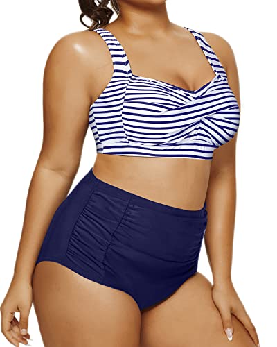 Sweetheart Neckline Twist Front Bikini Set For Women-Blue White Stripe