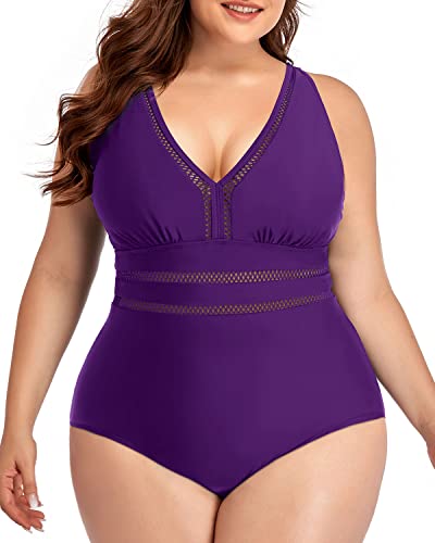 Tummy Control Full Coverage Plus Size V Neck Swimsuit-Purple