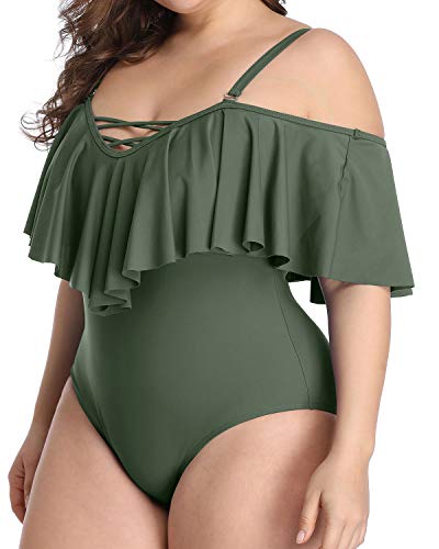 Elegant Lace-Up Cold Shoulder Plus Size One Piece Swimsuits-Olive Green