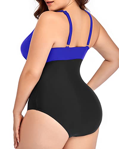 Cheeky Hollow Out Bathing Suits For Plus Size Women-Royal Blue And Black