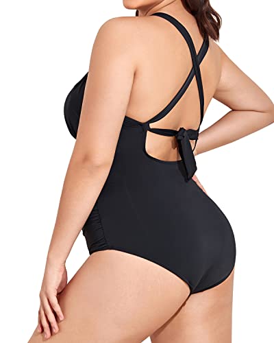 Plus Size Plunge Mesh Cut Out One Piece Swimsuit For Women-Black