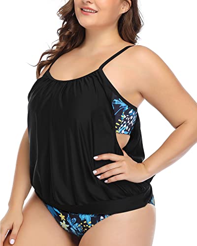 Sporty Two Piece Plus Size Blouson Tankini For Women-Blue Leaf